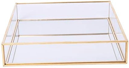 Sooyee Gold Tray Mirror,Square Mirror Tray can Hold Jewelry,Perfume,Makeup,Breakfast,Tea,Food,Magazine and More, Decorative Tray for Vanity,Dresser,Bathroom,Bedroom,Office,Garden,Coffee Table (8”x8”)