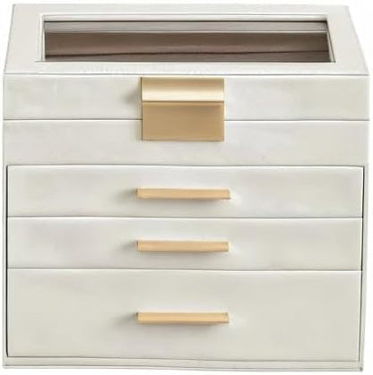 SONGMICS GISELLA Collection - Jewelry Box Organizer, 4-Layer Jewelry Storage with 3 Drawers, Shiny Metal Hardware, Glass Lid, Modern, 6 x 9.9 x 8.5 Inches, Cloud White and Gold Color UJBC161W01