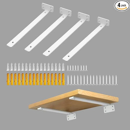 Alise Floating Shelf Brackets White, 4 Pcs L Brackets for Shelves, 12'' Hidden Invisible Shelf Brackets, 1/5" Inch Thick Heavy Duty Metal Wall Shelf Support Corner Brackets for Home and Mounting Shelf