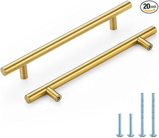 Brushed Brass Cabinet Handles 6-1/4 Inch Hole Spacing Stainless Steel Drawer Pulls for Cabinets, Dresser, Bathroom 20 Pack
