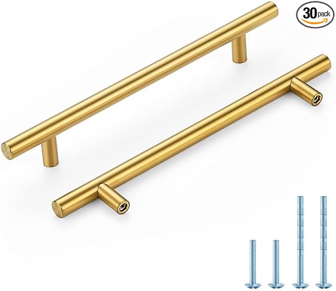 Brushed Brass Cabinet Handles 6-1/4 Inch Hole Spacing Stainless Steel Drawer Pulls for Cabinets, Dresser, Bathroom 30 Pack