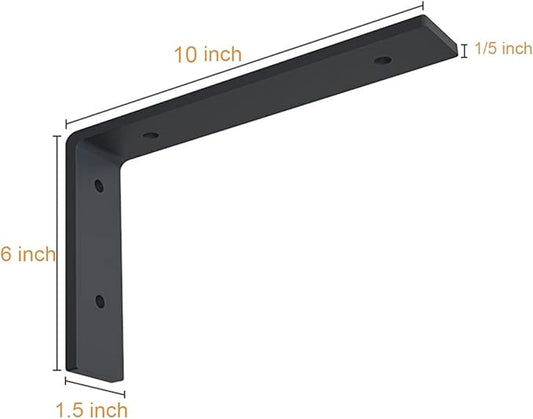 Heavy Duty Shelf Brackets 10 inch Rustic L Black Shelf Brackets 10 x 6 inches Metal Iron Industrial Shelf Bracket - L10 x H 6" x W 1.5" - 4 Pack