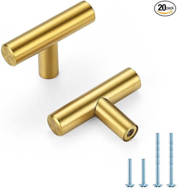 Brushed Brass Cabinet Handles Single Hole Stainless Steel Drawer Pulls for Cabinets, Dresser, Bathroom 20 Pack