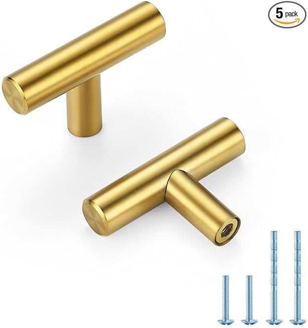 Brushed Brass Cabinet Handles Single Hole Stainless Steel Drawer Pulls for Cabinets, Dresser, Bathroom 5 Pack