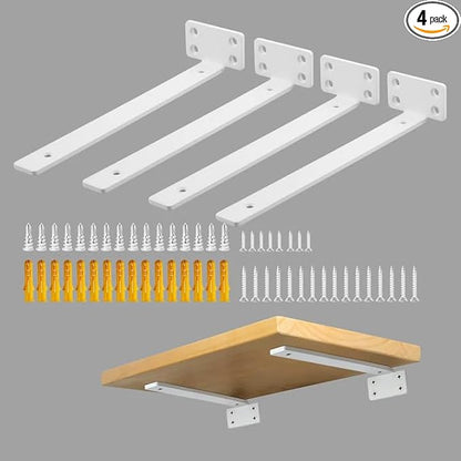 Alise Floating Shelf Brackets White, 4 Pcs L Brackets for Shelves,10'' Hidden Invisible Shelf Brackets, 1/5" Inch Thick Heavy Duty Metal Wall Shelf Support Corner Brackets for Home and Mounting Shelf