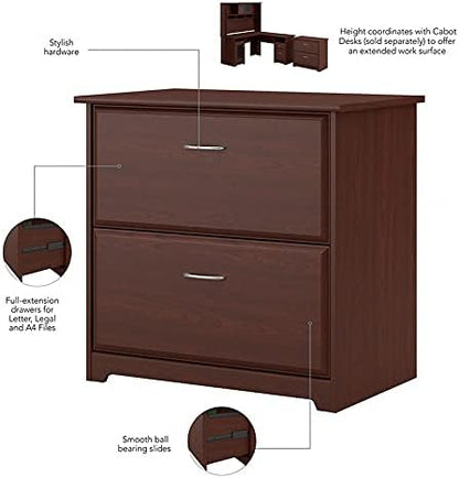 Bush Home Cabot 2 Drawer Lateral File Cabinet in Harvest Cherry, Home Office Chest for Letter, Legal, and A4-size Document Storage