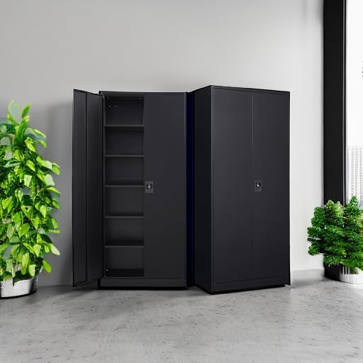 MIIIKO Metal Cabinet for Storage, Locking Door Tall Steel Storage Cabinet with 5 Shelves, Black Garage Cabinet Organizer, 71" Heavy Duty Utility Cabinets with Lock 2 Doors