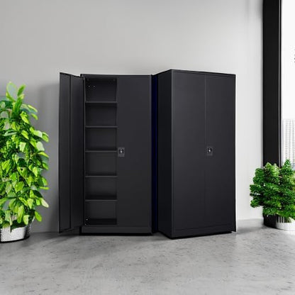 MIIIKO Metal Cabinet for Storage, Locking Door Tall Steel Storage Cabinet with 5 Shelves, Black Garage Cabinet Organizer, 71" Heavy Duty Utility Cabinets with Lock 2 Doors