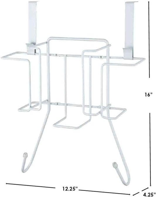 Sunbeam Laundry Room Metal Over the Door Hanging Ironing Board Holder and Organizer, Holds Standard Size Iron, Board, Spray Bottles, Starch, Fabric softener, White finish
