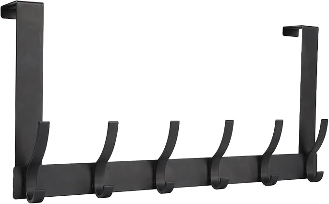 Over The Door Hooks, Door Hanger Hooks for Hanging, Over The Doors Towel Racks for Bathroom with 12 Coat Hook, Coat Rack Dorm Essentials Bathroom Accessories（1 Pack, Black）