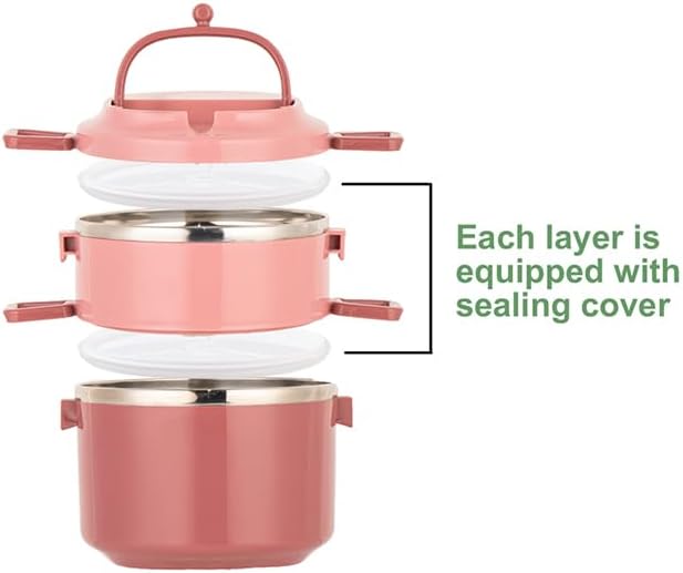 SANQIAHOME 2 Tier Stackable Stainless Steel Lunch Box Sealed(pink, 2 layers) with spoon and fork