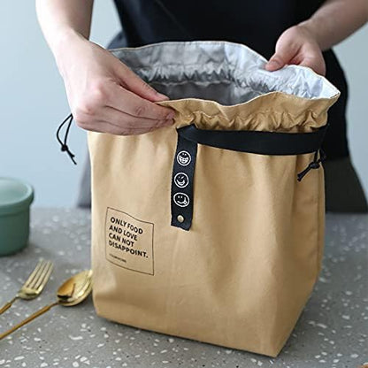 Canvas Drawstring Lunch Bag Insulated Lunch Tote Japanese Style Bento Tote Bag Reusable Lunch Bag Insulated Handbag Tote bag with Handle and Drawstring Closure for Women Work Picnic or Travel(BLACK)