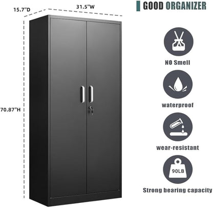 Metal Storage Cabinet with Adjustable Shelves, Garage Cabinet with 2 Lockable Doors, Garage Storage Cabinet, Kitchen Pantry Cabinet - 71'H, Black