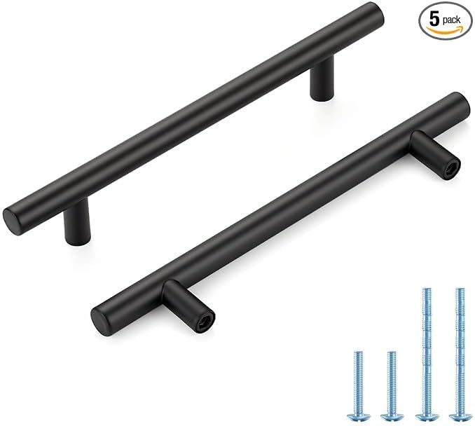 Black Cabinet Handles 5 Inch Hole Spacing Stainless Steel Drawer Pulls for Cabinets, Dresser, Bathroom 5 Pack