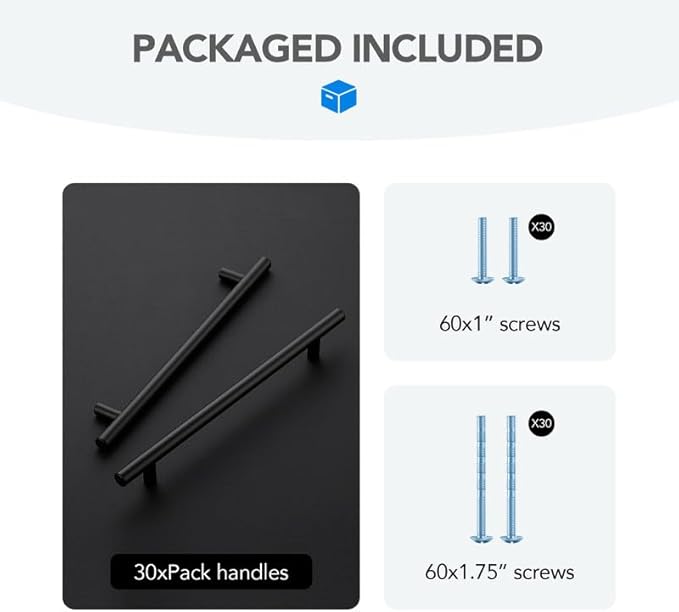 Black Cabinet Handles 7-1/2 Inch Hole Spacing Stainless Steel Drawer Pulls for Cabinets, Dresser, Bathroom 30 Pack