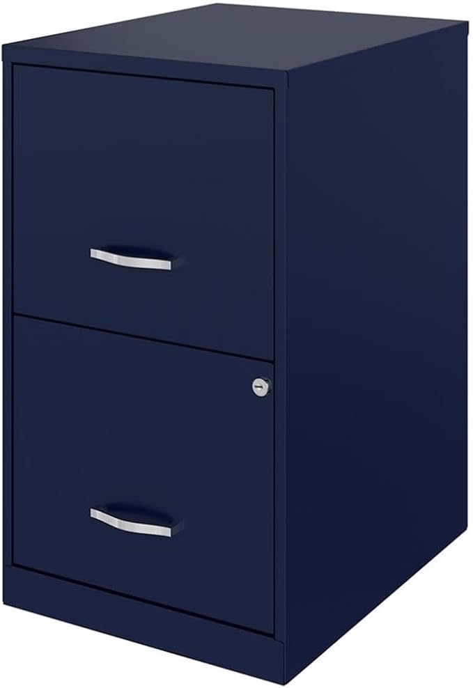 Pemberly Row 18" Modern Metal Filing Cabinet, 2 Drawers, Navy Finish, Lockable Letter File Storage, Smooth Glide Suspension, Compact Design for Home Office or Small Space Use