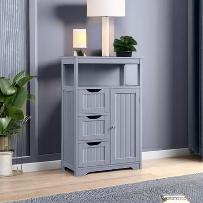 Yaheetech Bathroom Storage Cabinet, Wooden Bathroom Floor Cabinet with 1 Door and 3 Drawers, Free-Standing Storage Unit for Kitchen/Living Room/Entryway, Gray