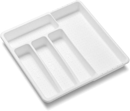 madesmart Expanding Silverware Tray, 5 Compartment Flatware Organizer for Forks, Knives & Spoons, Durable Drawer Organizer, White
