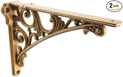 Decorative Shelf Bracket 12 inch Antique Brass Brackets for Shelving Solid Heavy Duty Vintage DIY Projects Hardware Included 2 Pack