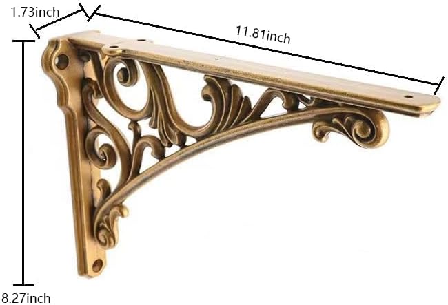 Decorative Shelf Bracket 12 inch Antique Brass Brackets for Shelving Solid Heavy Duty Vintage DIY Projects Hardware Included 2 Pack