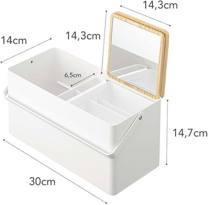 YAMAZAKI Home Tower Large Makeup Organizer Cosmetic Caddy With Handle Vanity Storage Drawer With Lid - Steel + Wood