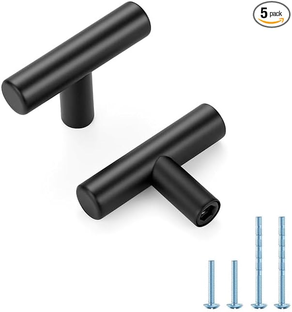 Black Cabinet Handles Single Hole Stainless Steel Drawer Pulls for Cabinets, Dresser, Bathroom 5 Pack
