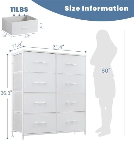 DUMOS Dresser for Bedroom with 8 Fabric Drawers, Tall Chest Organizer Units for Clothing, Closet, Kidsroom, Storage Tower with Cabinet, Metal Frame, Wooden Top, Lightweight Nursery Furniture, White