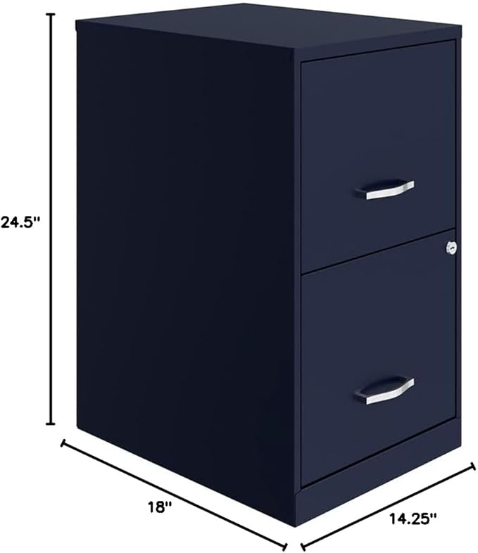 Pemberly Row 18" Modern Metal Filing Cabinet, 2 Drawers, Navy Finish, Lockable Letter File Storage, Smooth Glide Suspension, Compact Design for Home Office or Small Space Use
