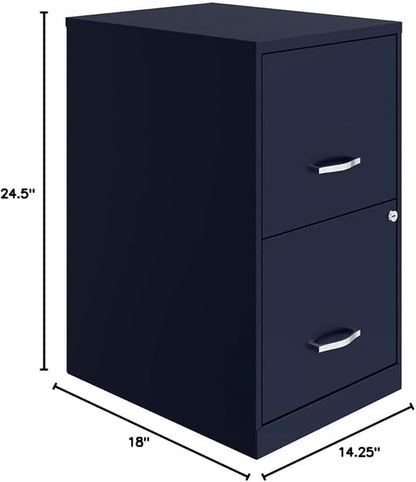 Pemberly Row 18" Modern Metal Filing Cabinet, 2 Drawers, Navy Finish, Lockable Letter File Storage, Smooth Glide Suspension, Compact Design for Home Office or Small Space Use