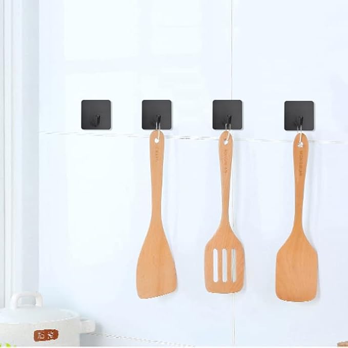 FOTYRIG Adhesive Towel Hooks No Drill Wall Hooks Stick on Wall Hangers Shower Hooks for Inside Shower Bathrooms Kitchen Door Black -4 Packs