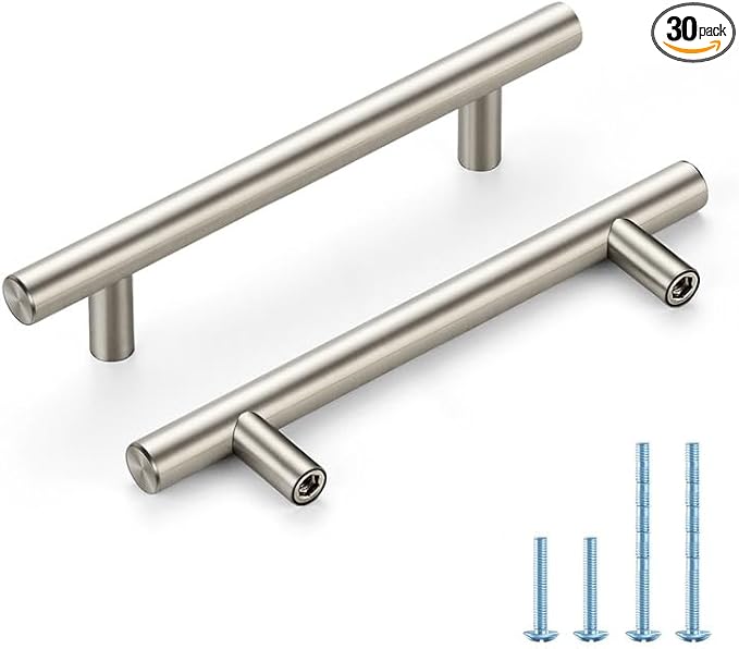 Brushed Nickel Cabinet Handles 4 Inch Hole Spacing Stainless Steel Drawer Pulls for Cabinets, Dresser, Bathroom 30 Pack