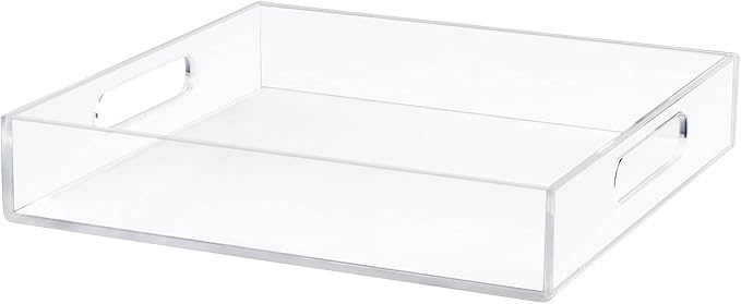 Acrylic Serving Tray 12x12 Inch, Clear Rectangular Tray with Handle, Decorative Ottoman Organizer for Appetizer, Breakfast, Coffee Table, Countertop, Bathroom