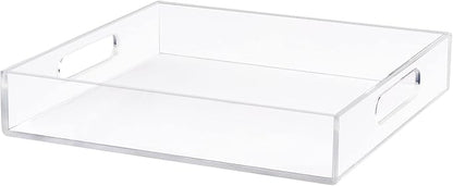Acrylic Serving Tray 12x12 Inch, Clear Rectangular Tray with Handle, Decorative Ottoman Organizer for Appetizer, Breakfast, Coffee Table, Countertop, Bathroom
