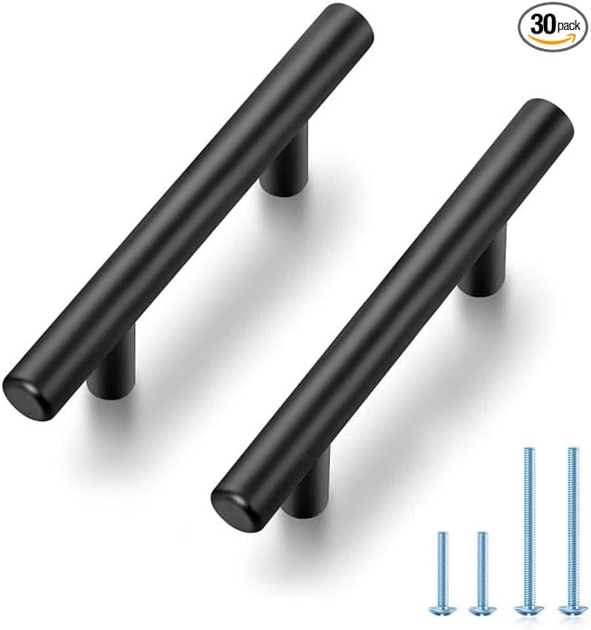JOY DECOR 30 Pack 4 Inch Cabinet Pulls Kitchen Cabinet Handles with 2-1/2 Inch Hole Center Matte Black Cabinet Hardware Stainless Steel Kitchen Drawer Pulls for Cabinets Cupboard, 64mm Hole Centers