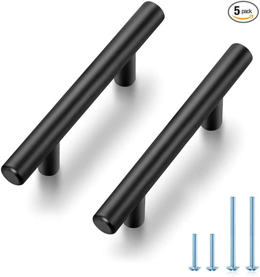JOY DECOR 5 Pack 4 Inch Cabinet Pulls Kitchen Cabinet Handles with 2-1/2 Inch Hole Center Matte Black Cabinet Hardware Stainless Steel Kitchen Drawer Pulls for Cabinets Cupboard, 64mm Hole Centers