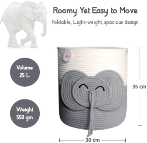 Large Laundry Basket for Kids & Toy Storage Organizer | Woven Cotton Rope Bin for Stuffed Plushies | Cute Elephant Animal Design Hamper with Cutout Handles for Nursery, Playroom & More (Elephant)