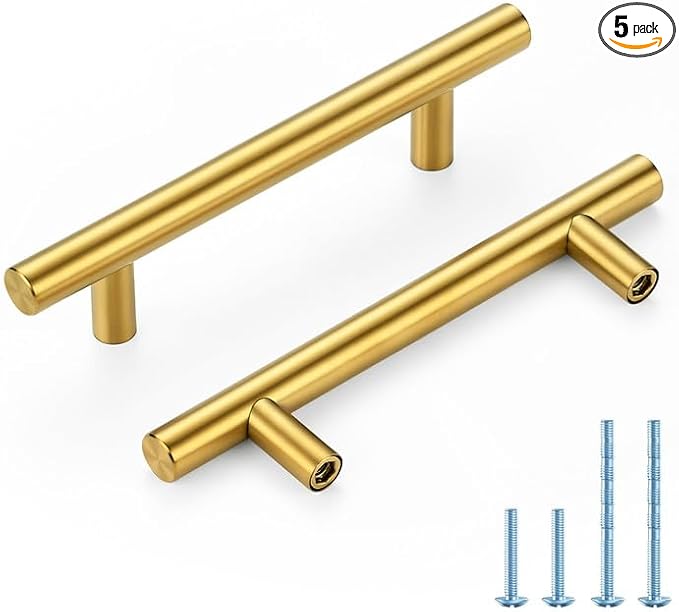 Brushed Brass Cabinet Handles 3-3/4 Inch Hole Spacing Stainless Steel Drawer Pulls for Cabinets, Dresser, Bathroom 5 Pack