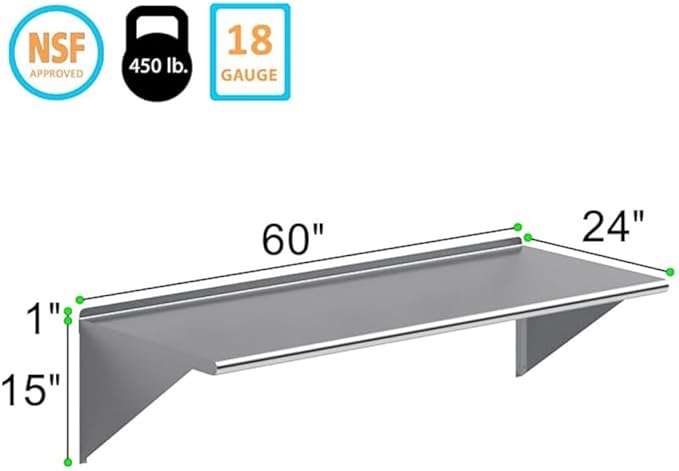 Stainless Steel Wall Shelf | Metal Shelving | Garage, Laundry, Storage, Utility Room | Restaurant, Commercial Kitchen | NSF Certified | (24” x 60”)