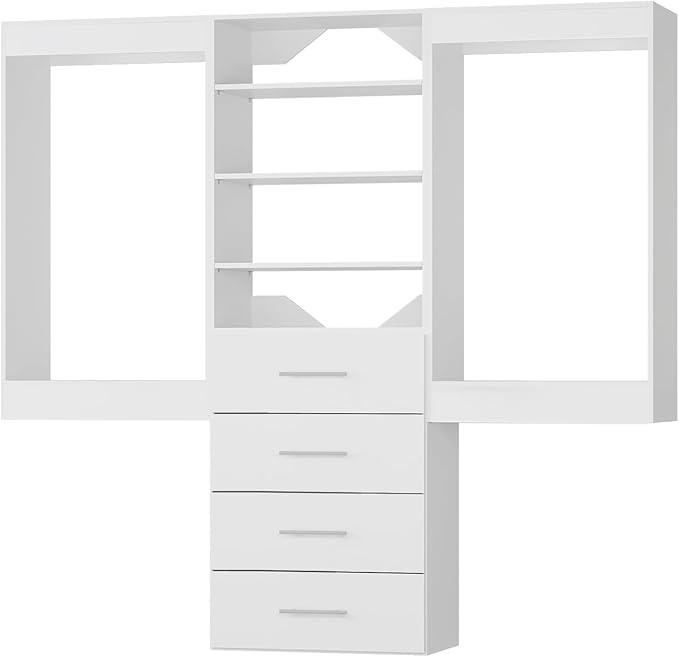 ROOMTEC Modular Closet System, 72" Wall-Mounted Closet Organizer with Drawers and Hanging Rods, Wooden Tower for Walk-In Closets, Wardrobe Storage Kit, White