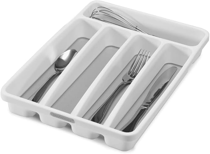 madesmart Premium Small Silverware Tray, Compact 5 Compartment Flatware Organizer for Forks, Knives & Spoons, Non Slip, Soft Grip Lining, Fits Small Drawers, White