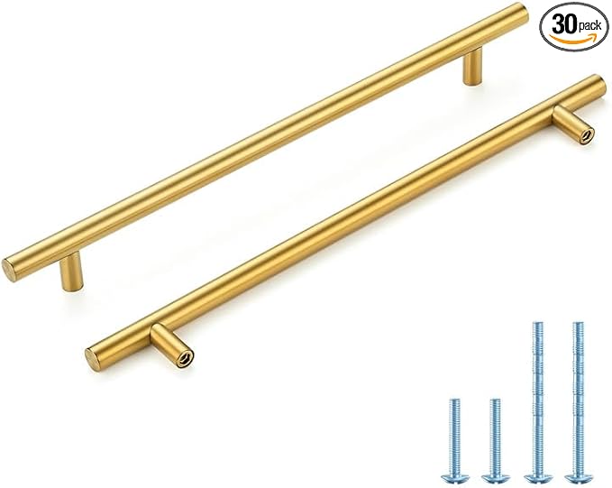 Brushed Brass Cabinet Handles 10 Inch Hole Spacing Stainless Steel Drawer Pulls for Cabinets, Dresser, Bathroom 30 Pack