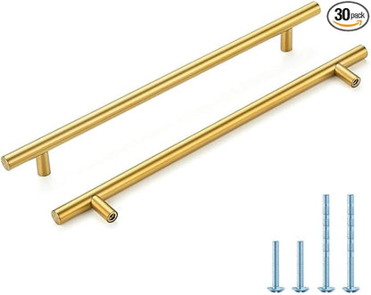 Brushed Brass Cabinet Handles 10 Inch Hole Spacing Stainless Steel Drawer Pulls for Cabinets, Dresser, Bathroom 30 Pack