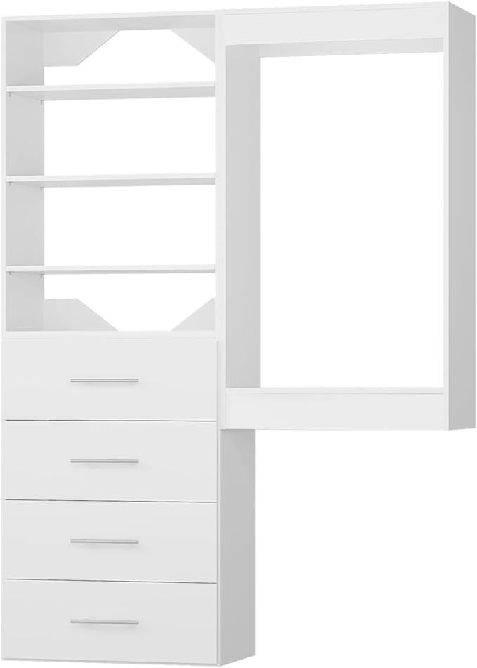 Modular Closet, 46" Wide Organizer with Tower and Drawers, Wood Tower Storage for Walk-In Closets, Wall-Mounted Wardrobe Organizer, White