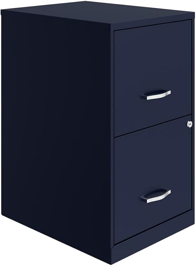 Pemberly Row 18" Modern Metal Filing Cabinet, 2 Drawers, Navy Finish, Lockable Letter File Storage, Smooth Glide Suspension, Compact Design for Home Office or Small Space Use