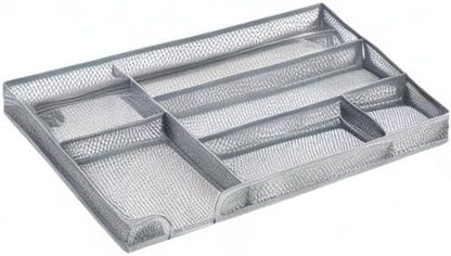 Annova Desk Drawer Organizer Tray for Office Organization - Metal Mesh - Storage Tray with Dividers for Pens, Desktop Accessories, Bathroom, Kitchen, Makeup and Office Supplies (Small, Silver)