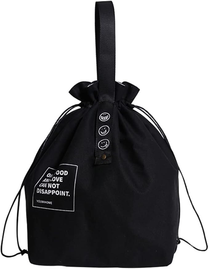 Canvas Drawstring Lunch Bag Insulated Lunch Tote Japanese Style Bento Tote Bag Reusable Lunch Bag Insulated Handbag Tote bag with Handle and Drawstring Closure for Women Work Picnic or Travel(BLACK)