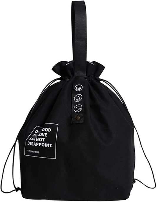 Canvas Drawstring Lunch Bag Insulated Lunch Tote Japanese Style Bento Tote Bag Reusable Lunch Bag Insulated Handbag Tote bag with Handle and Drawstring Closure for Women Work Picnic or Travel(BLACK)