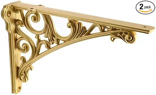 Decorative Shelf Bracket 12 inch Antique Gold Brackets for Shelving Solid Heavy Duty Vintage DIY Projects Hardware Included 2 Pack