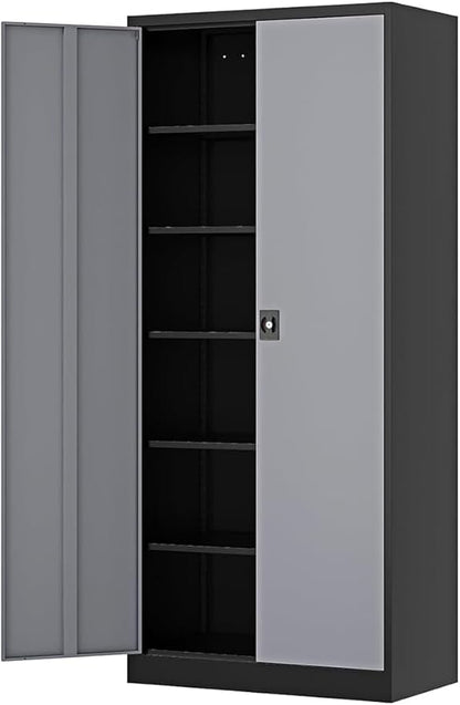 71” Tall Metal Storage Cabinet- Steel File Cabinets with Lockable Doors and Adjustable Shelves-Black&Gray Steel Storage Cabinet for Home,Kitchen, School, Office, Garage