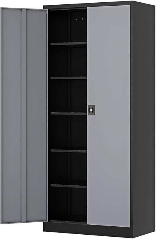 71” Tall Metal Storage Cabinet- Steel File Cabinets with Lockable Doors and Adjustable Shelves-Black&Gray Steel Storage Cabinet for Home,Kitchen, School, Office, Garage
